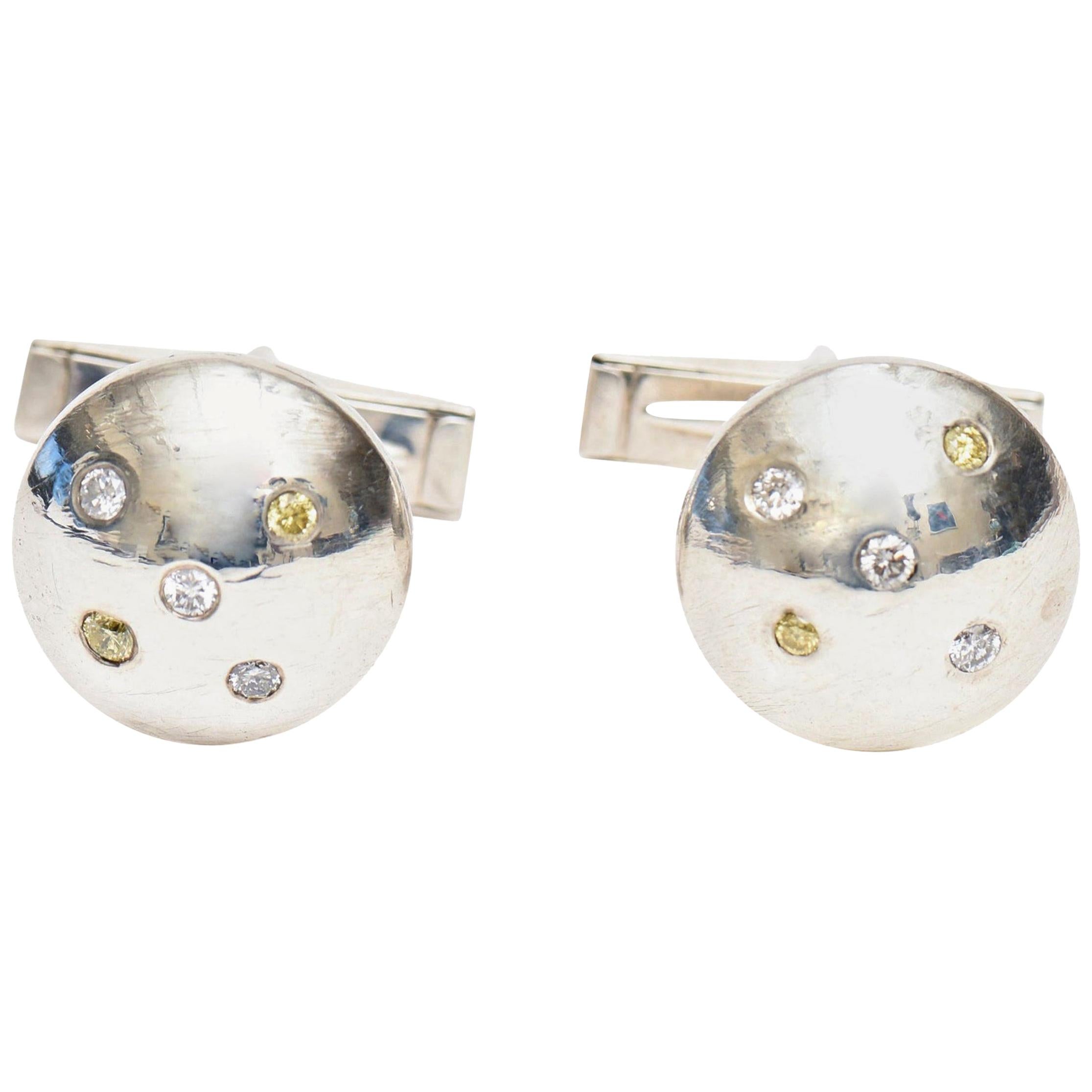 Pair of Sterling Silver and Diamond Dome Cufflinks For Sale