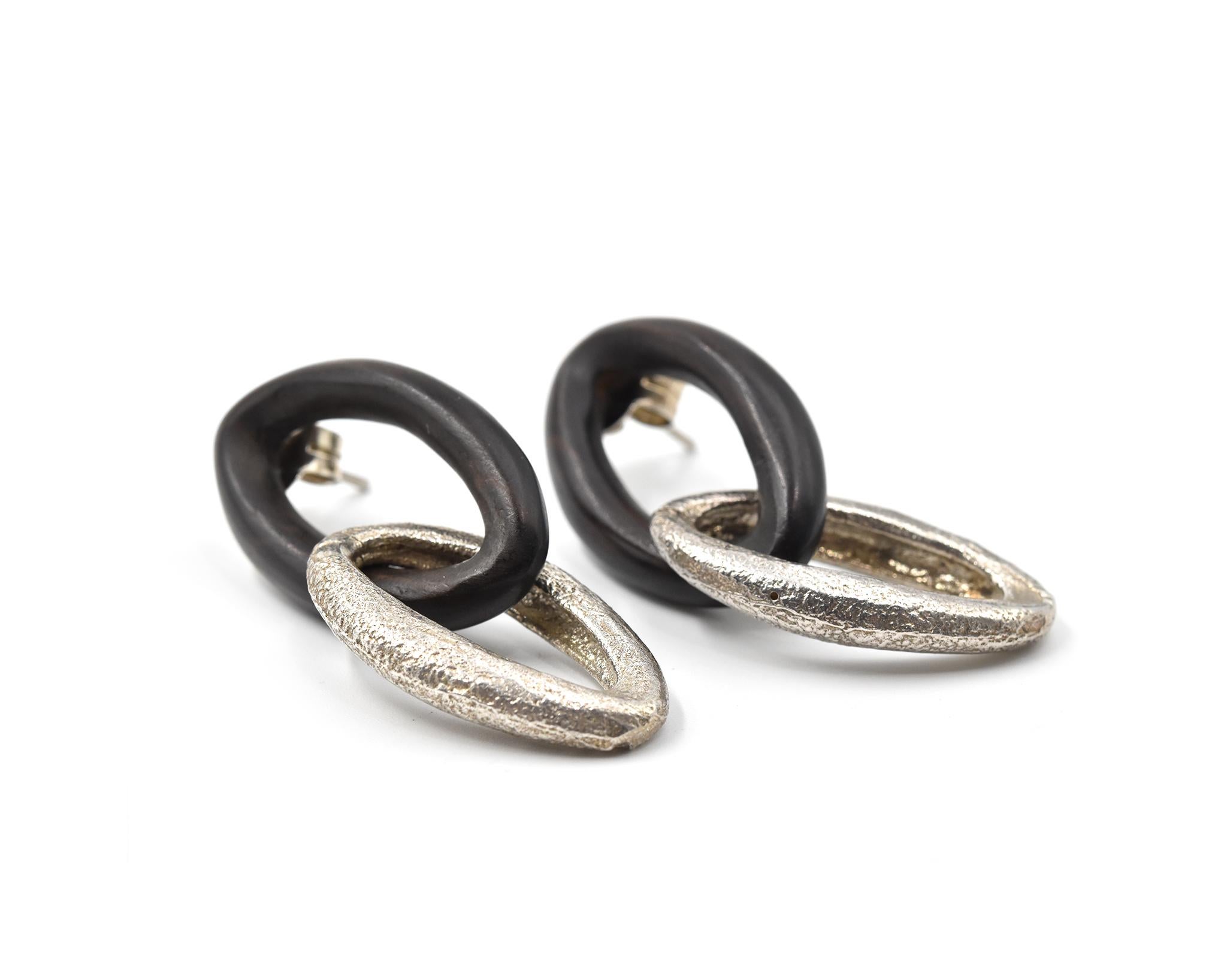 Sterling Silver and Ebony Oval Drop Earrings In Excellent Condition In Scottsdale, AZ