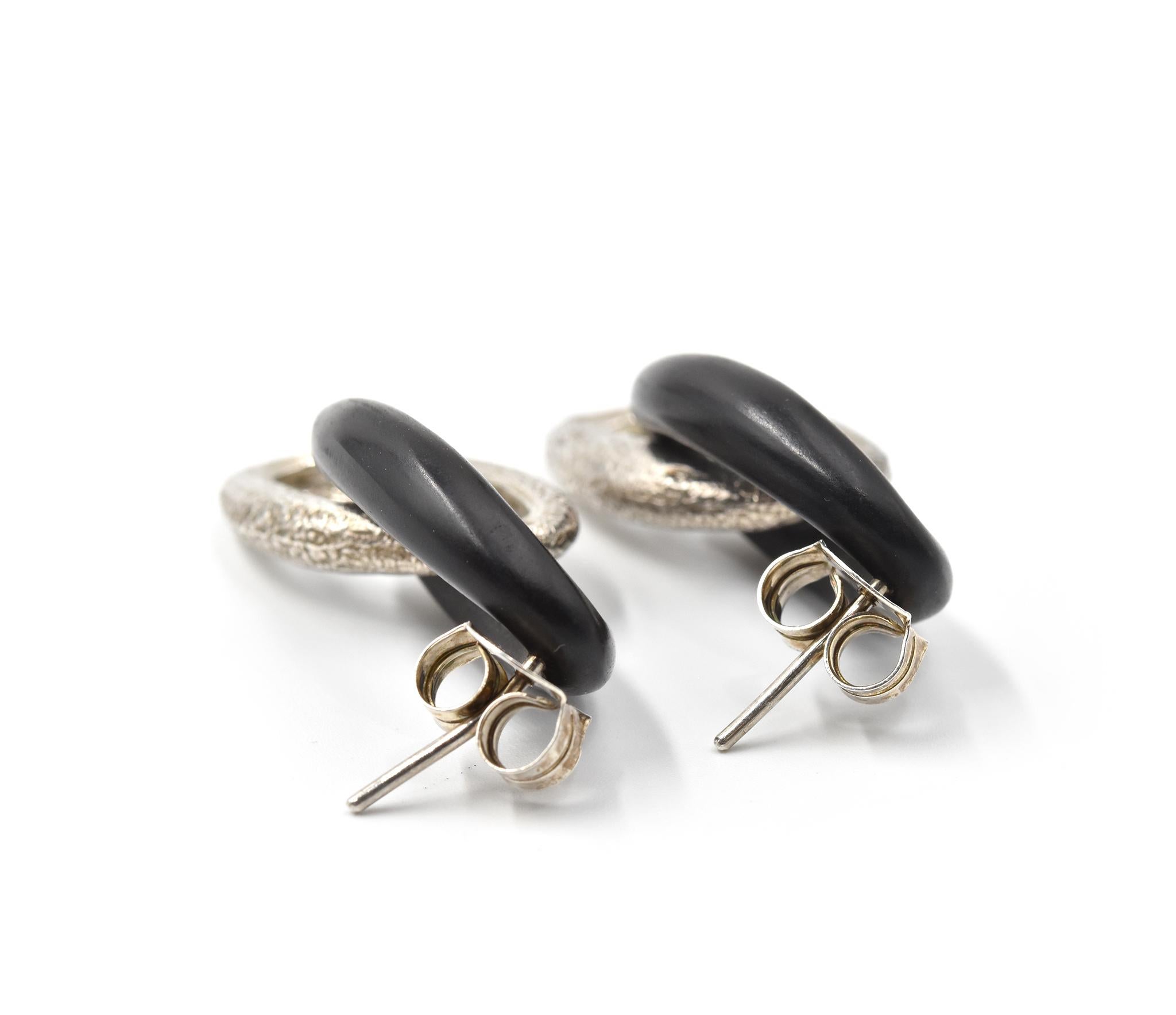Women's Sterling Silver and Ebony Oval Drop Earrings