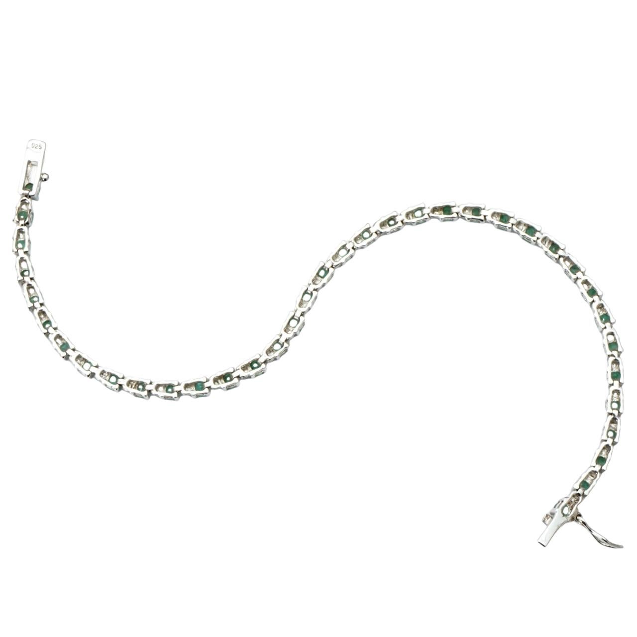 Women's or Men's Sterling Silver and Emerald Tennis Bracelet circa 1980s For Sale