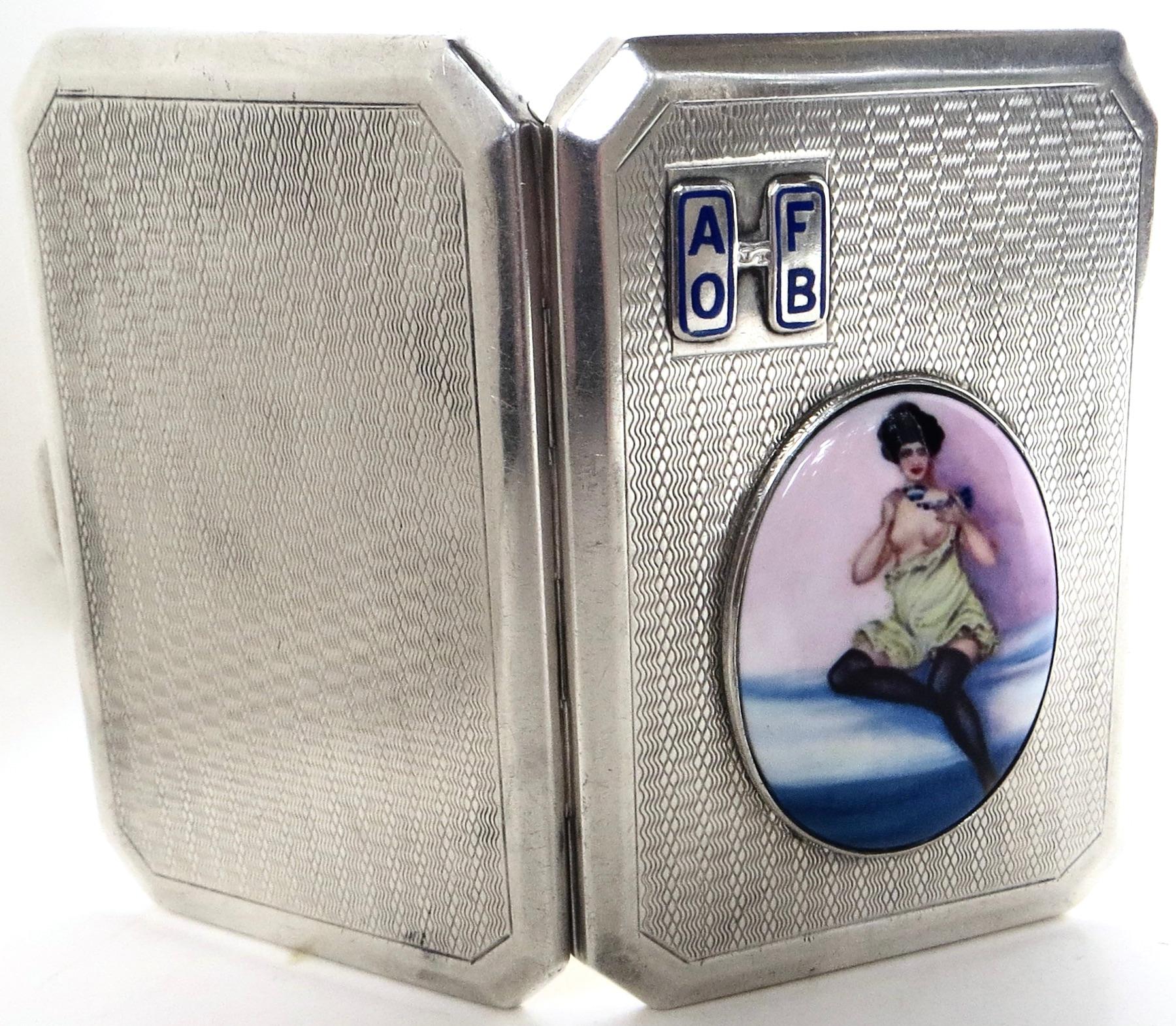 Sterling Silver and Enamel Art Deco "Naughty" Cigarette Case. Dated 1928 For Sale
