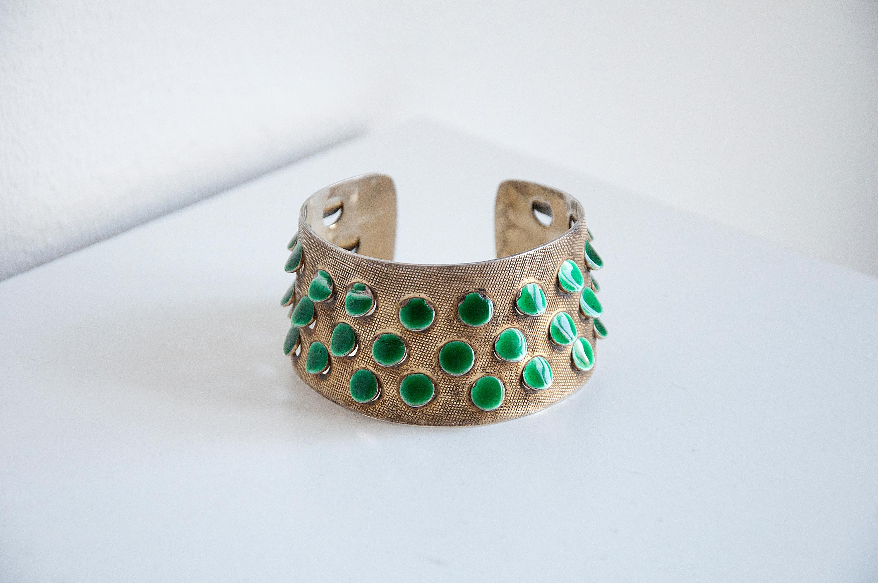 Beautiful midcentury modern gilted sterling silver bracelet with green enamel 