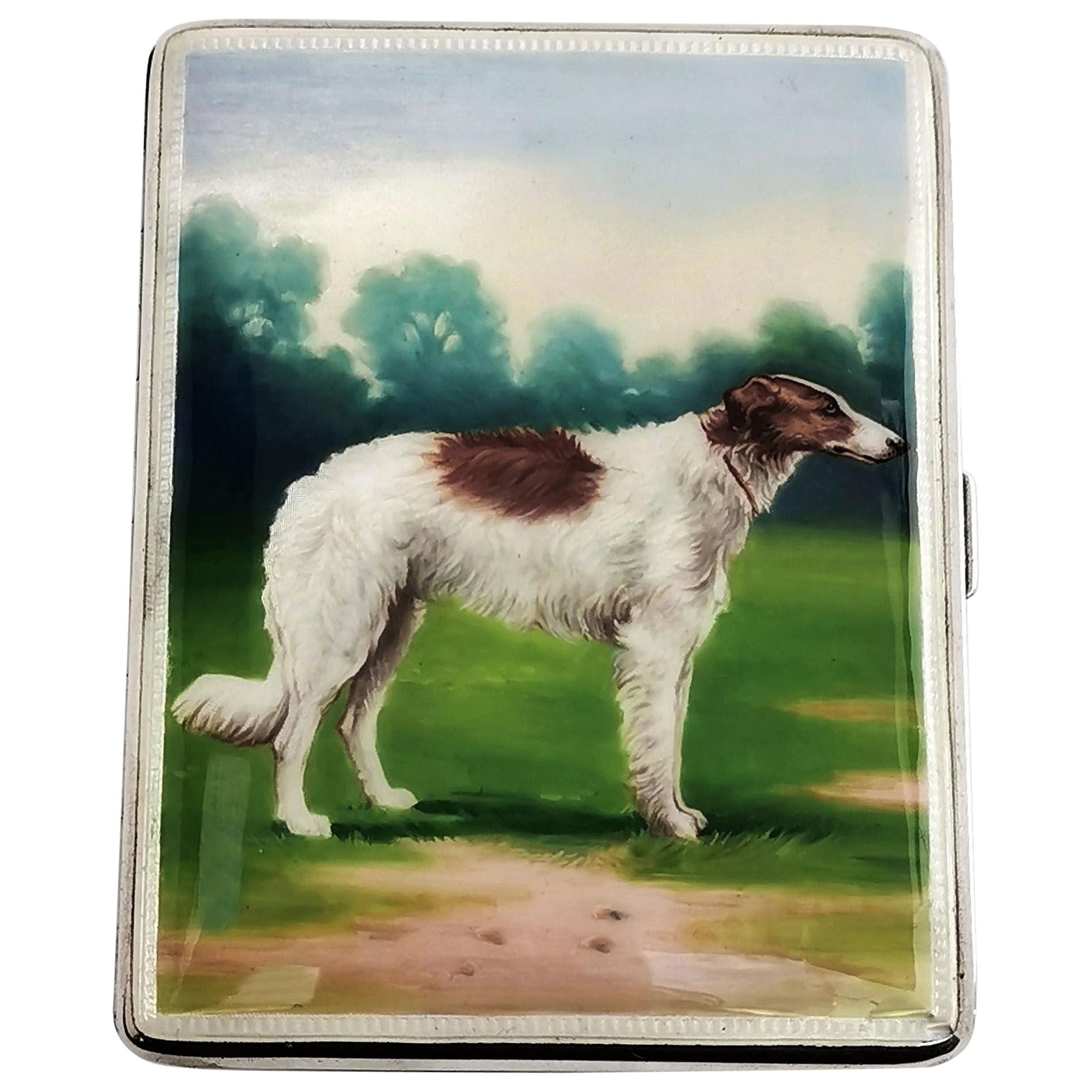 Sterling Silver and Enamel Cigarette Case 1928 Borzoi Hunting Dog