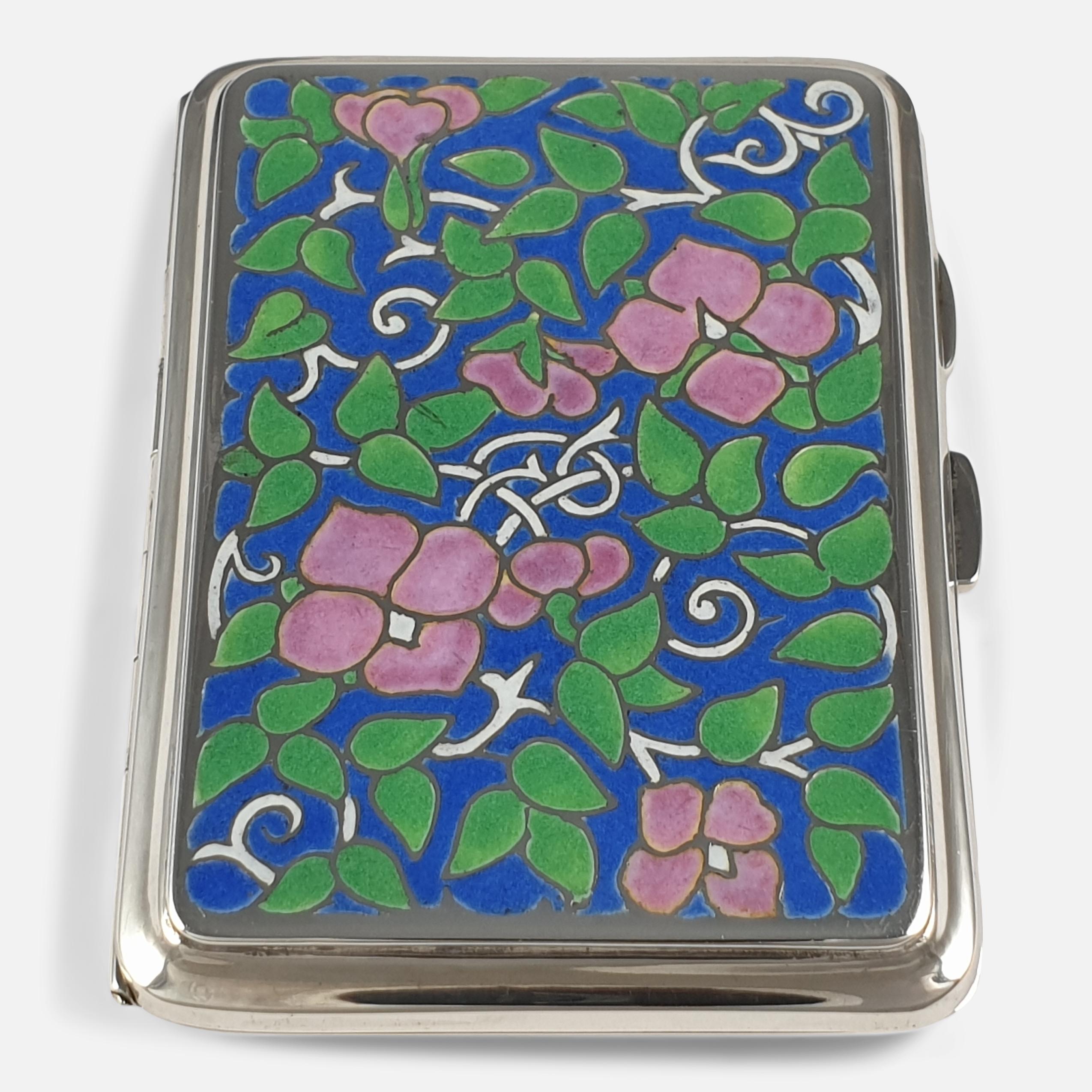 An Arts & Crafts style sterling silver and enamel cigarette case by Bernard Instone, Birmingham, 1930. The cigarette case is of rectangular form, the front is enameled with trailing green leaves and pink flowers on white stem, and a blue