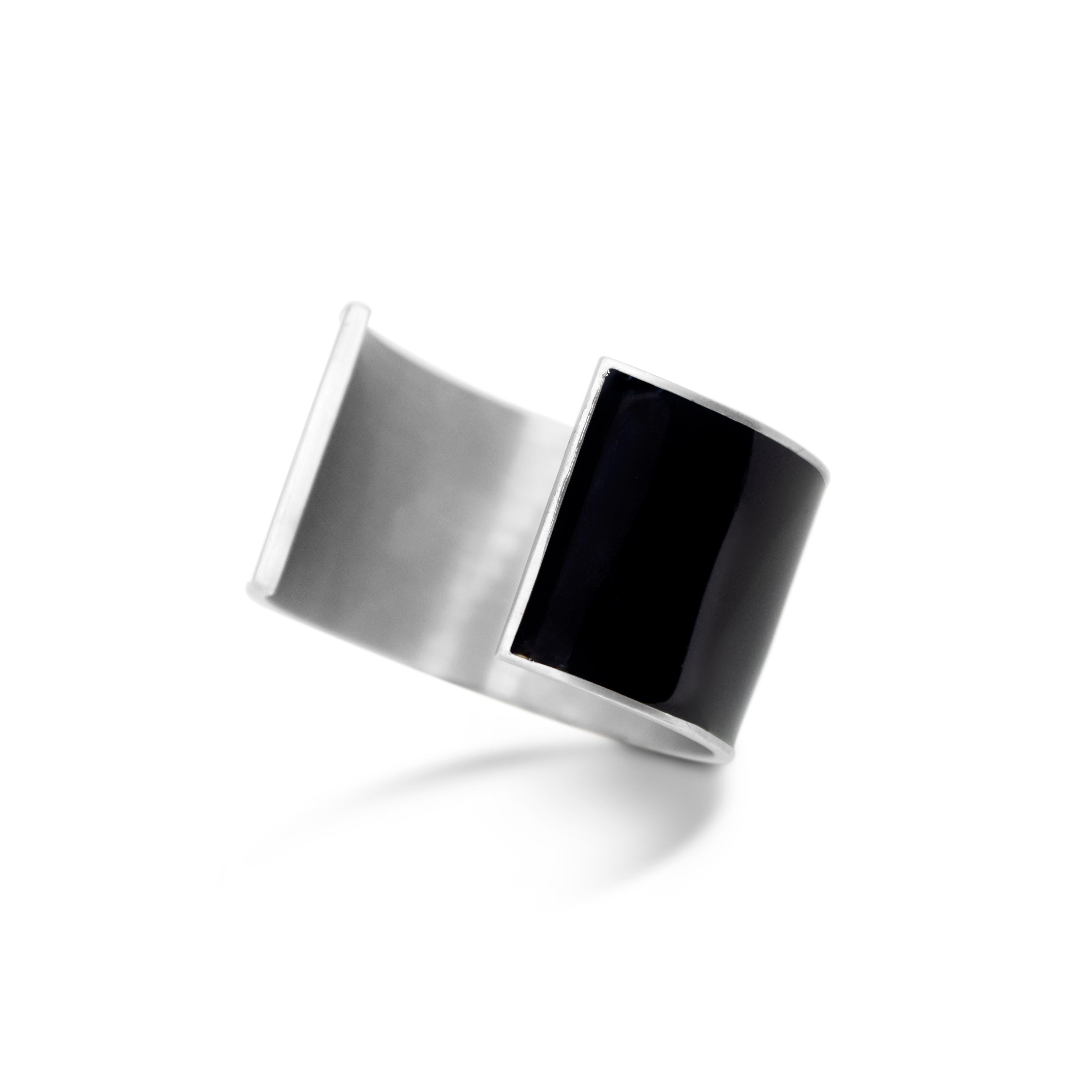 Contemporary Sterling Silver and Enamel Cuff Bracelet with Black Onyx For Sale