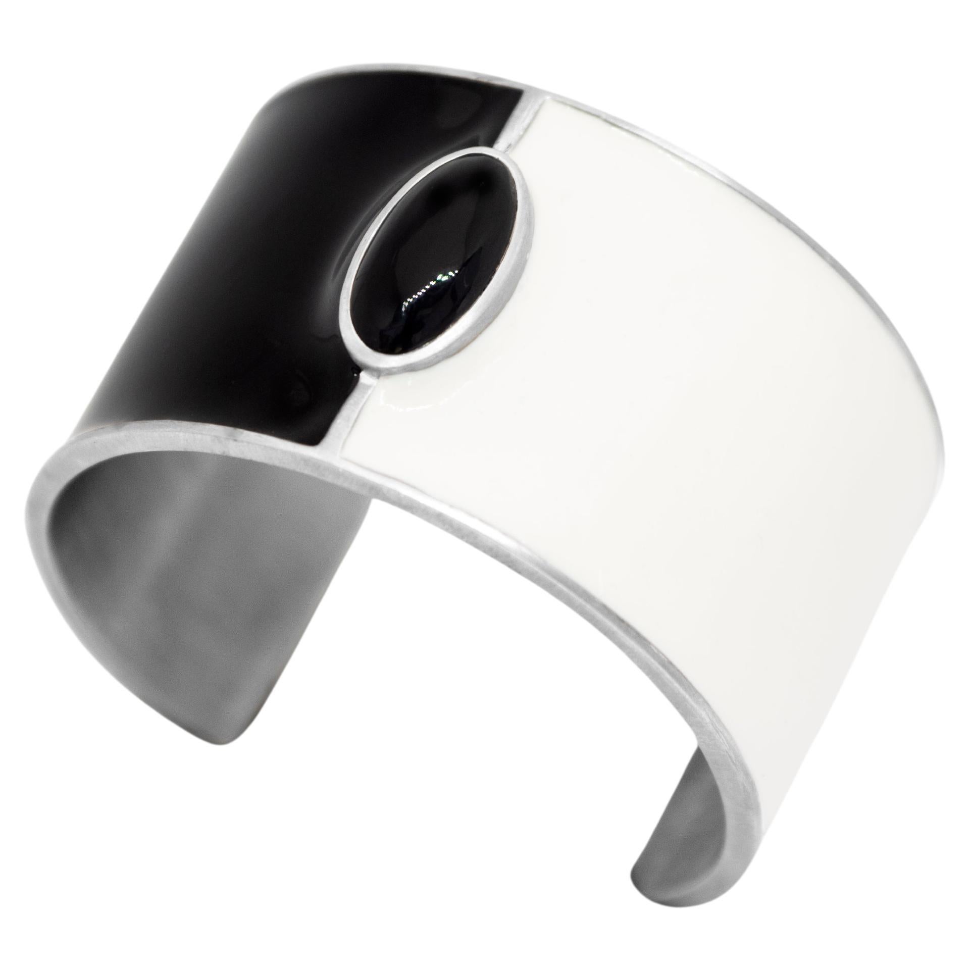 Sterling Silver and Enamel Cuff Bracelet with Black Onyx