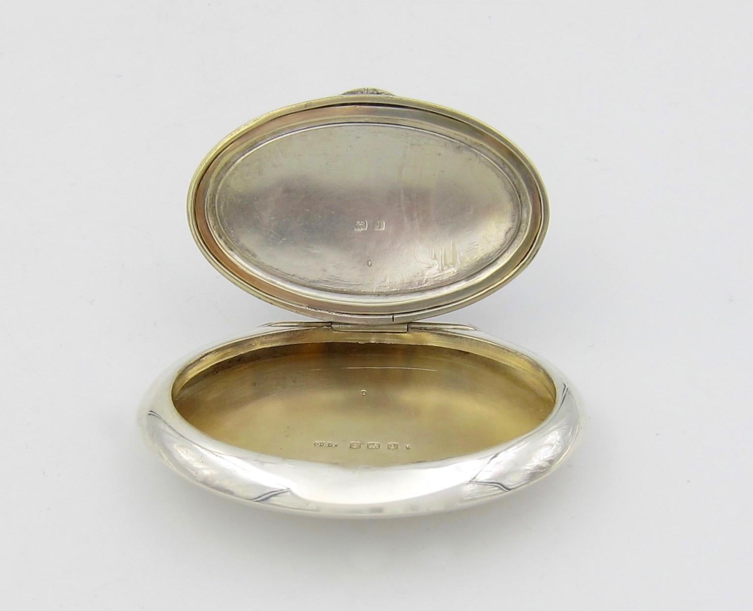 Sterling Silver and Enamel Oval Box by Charles Edwin Turner, Birmingham, 1910 In Good Condition In Los Angeles, CA