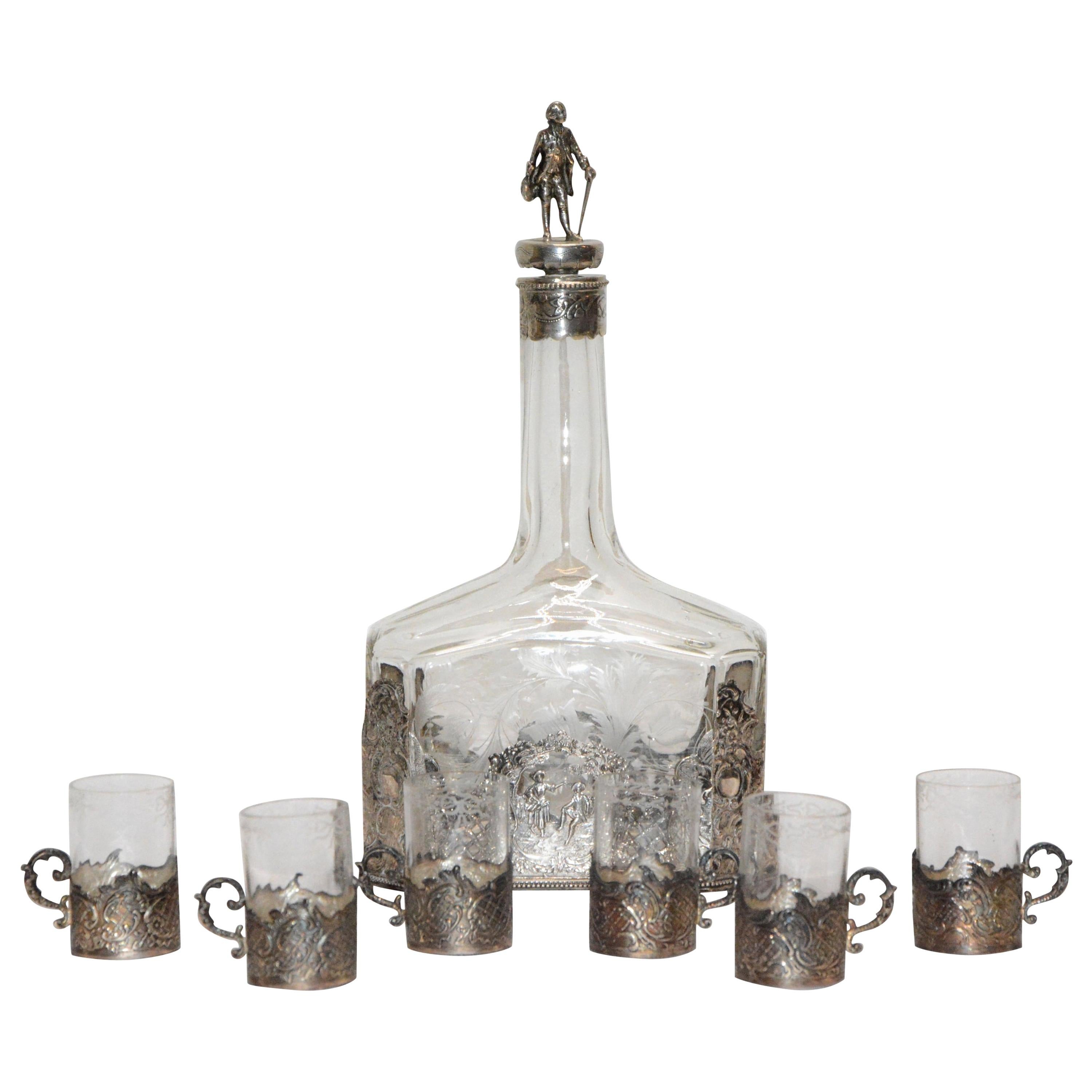 Sterling Silver and Engraved Crystal Decanter with Cordial Cups For Sale