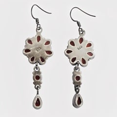 Sterling Silver and Garnet Flower Design Drop Earrings