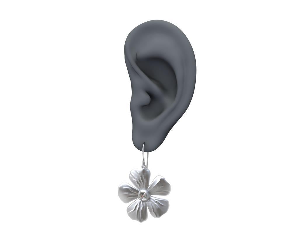 Sterling Silver and Diamond Periwinkle Flower Earrings, Tiffany designer, Thomas Kurilla sculpted these for 1stdibs. The periwinkle , a simple and elegant flower accented with a diamond center.  Two GIA Diamonds  -3.5 mm , .32 ct wt. , G ,SI1 . The