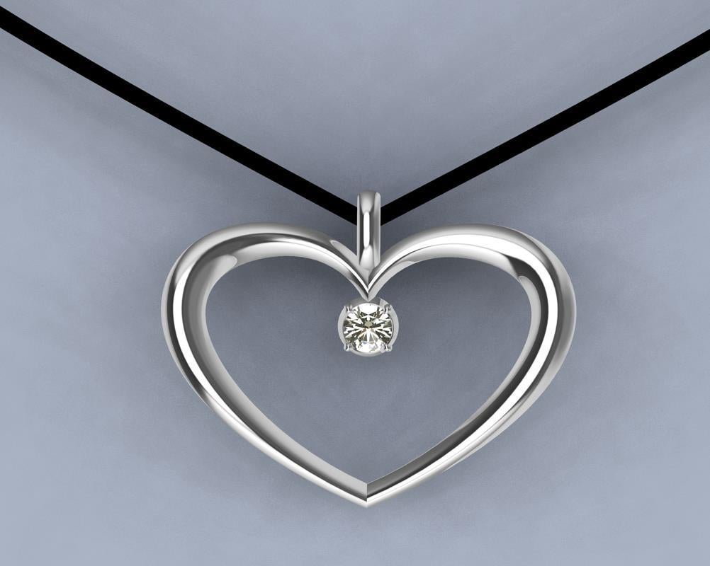 Round Cut Sterling Silver and Diamond Polished Tapered Heart Necklace For Sale