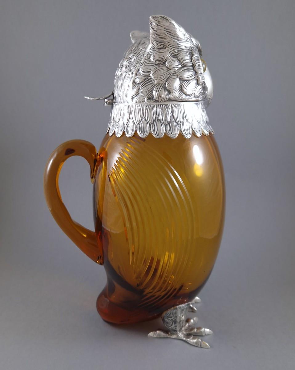 Espagnol Carafe à décanter en argent sterling et verre, carafe à clarté, hibou en vente