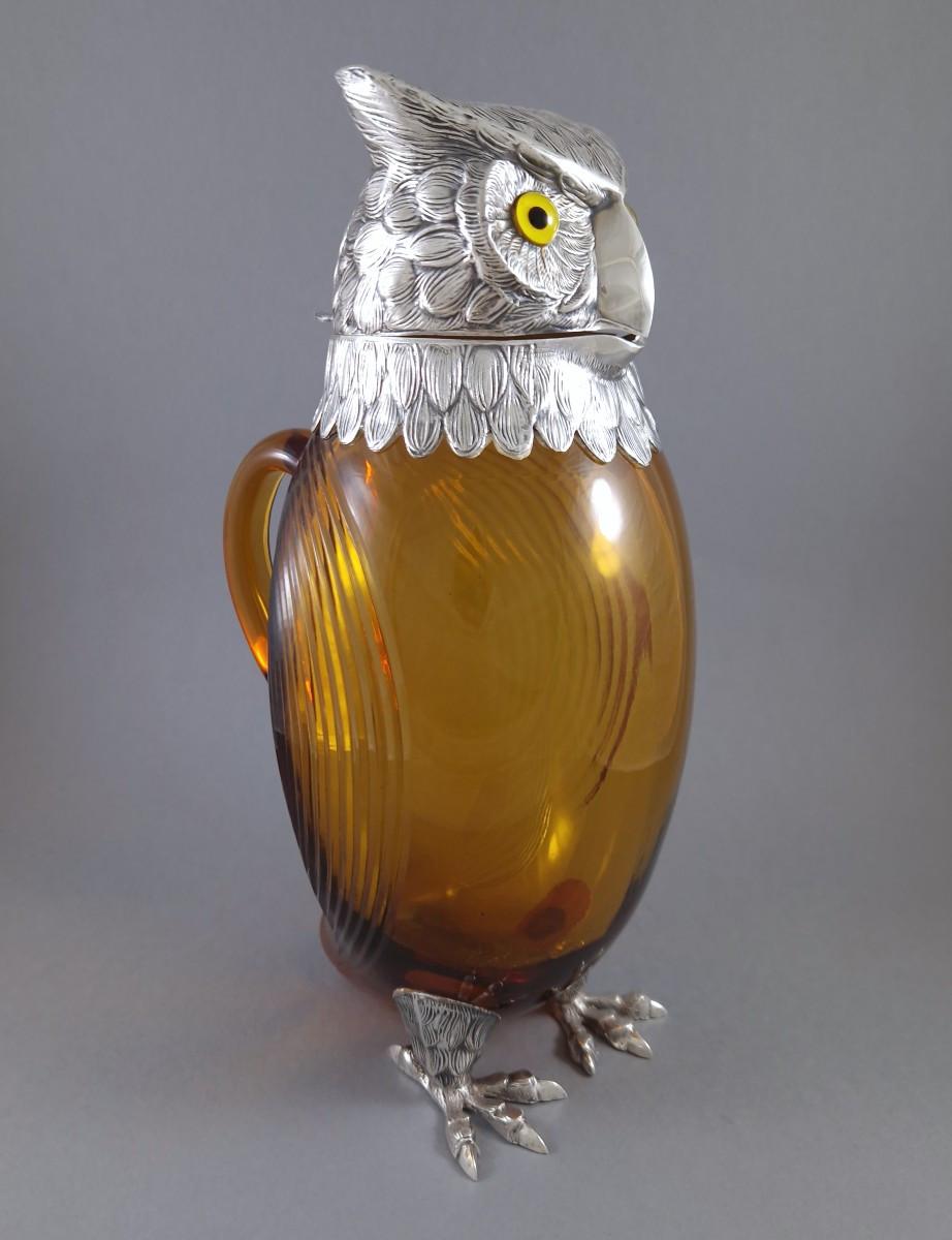 Carafe à décanter en argent sterling et verre, carafe à clarté, hibou Excellent état - En vente à Saint-Ouen, FR