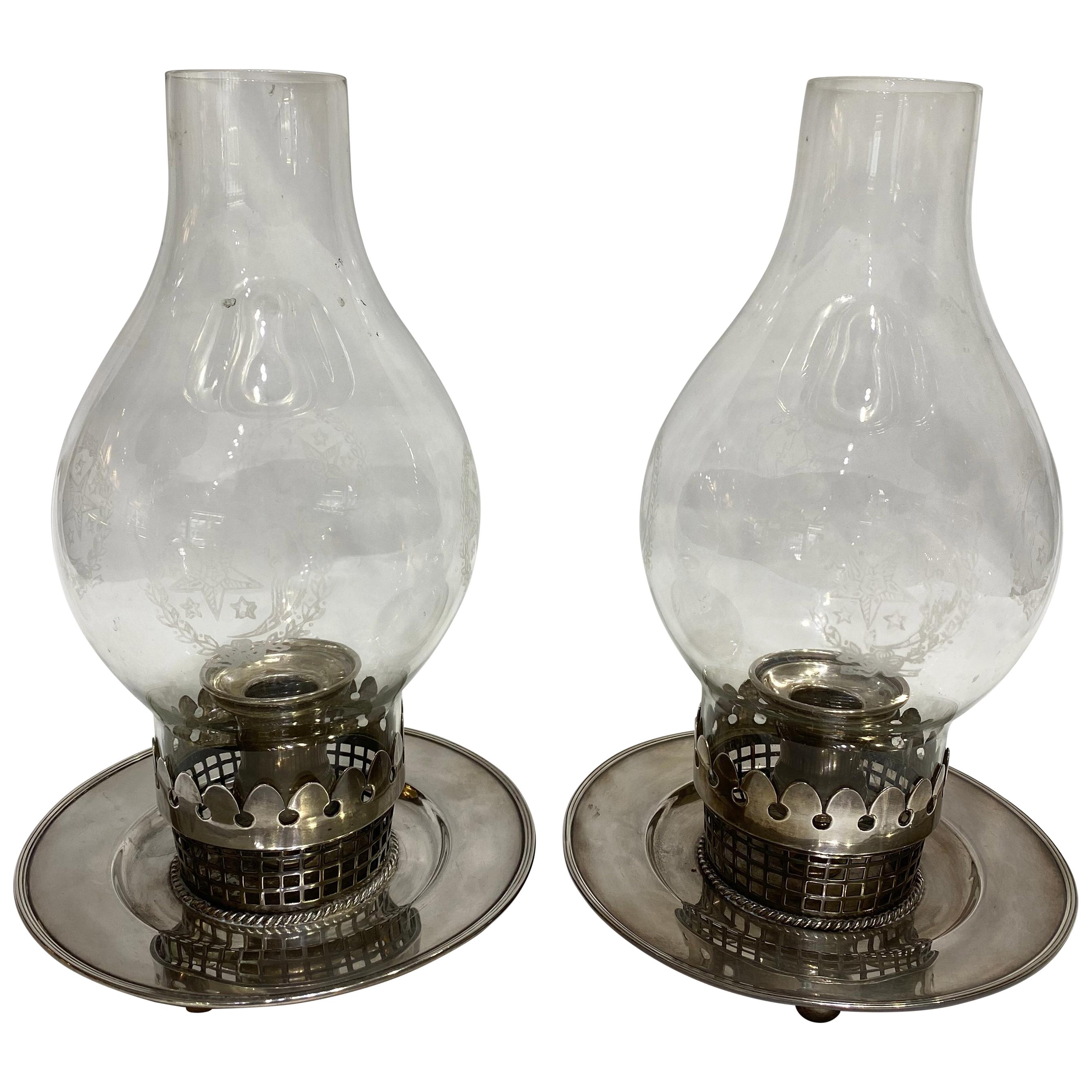 Sterling Silver and Glass Pair of Candle Holders 