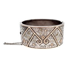 Sterling Silver and Gold Accented Hand Etched Floral Bangle