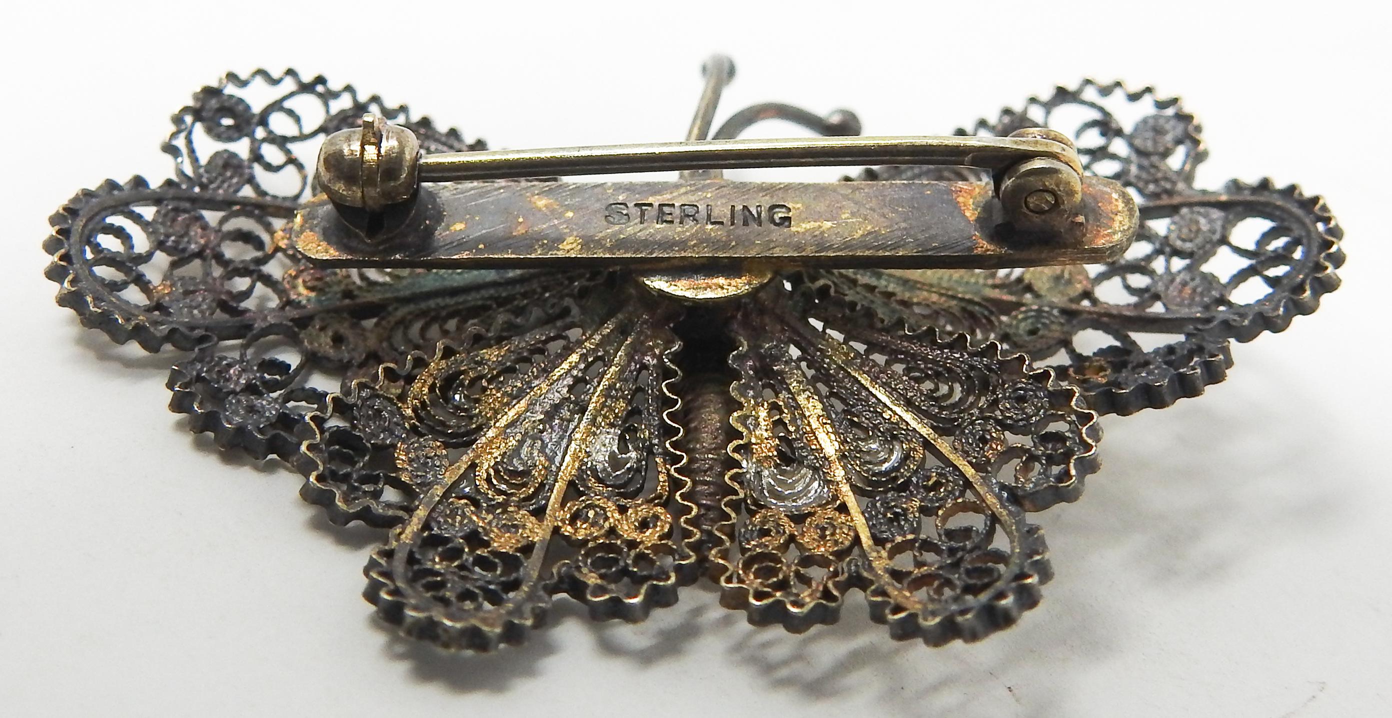 Art Deco Sterling Silver and Gold Filigree Butterfly Brooch For Sale