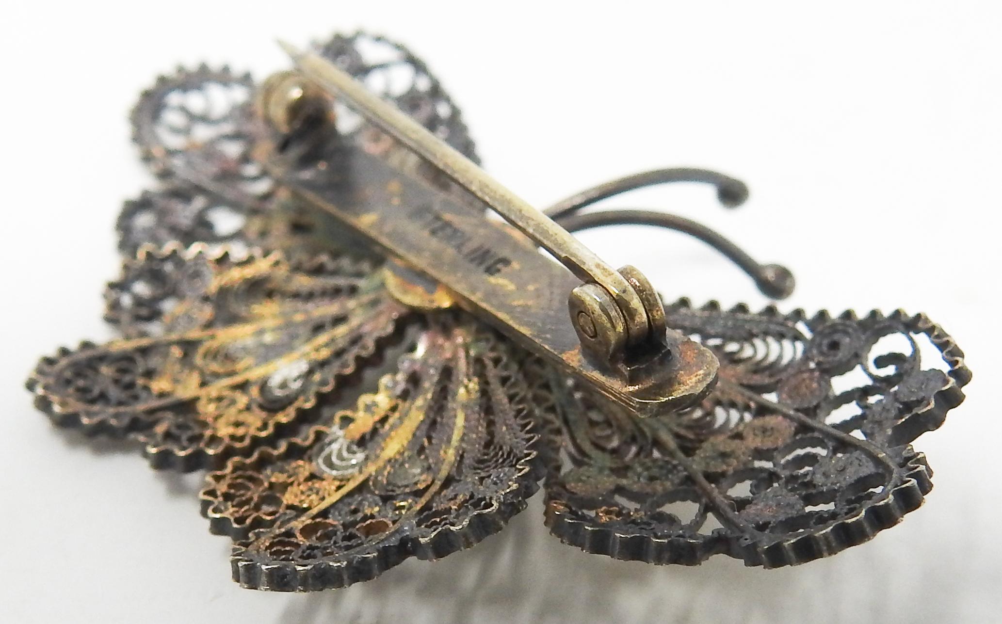 Sterling Silver and Gold Filigree Butterfly Brooch In Fair Condition For Sale In Cookeville, TN
