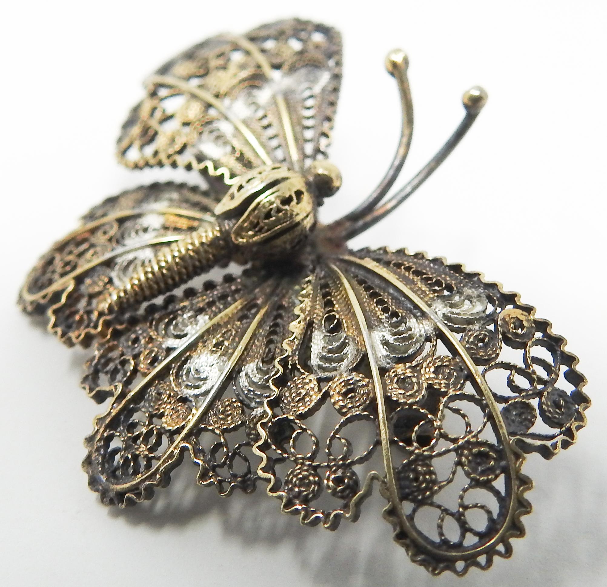 20th Century Sterling Silver and Gold Filigree Butterfly Brooch For Sale