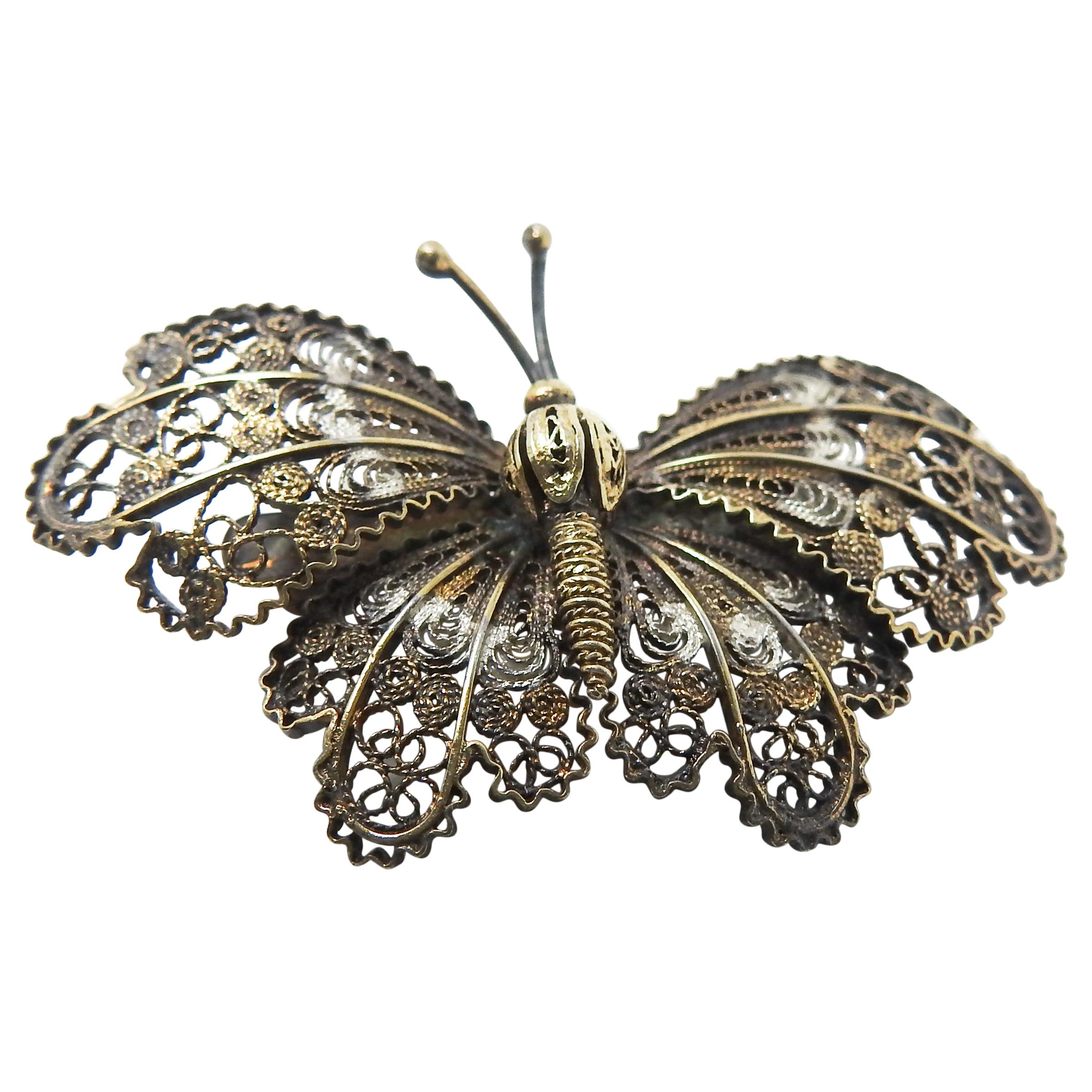 Sterling Silver and Gold Filigree Butterfly Brooch For Sale