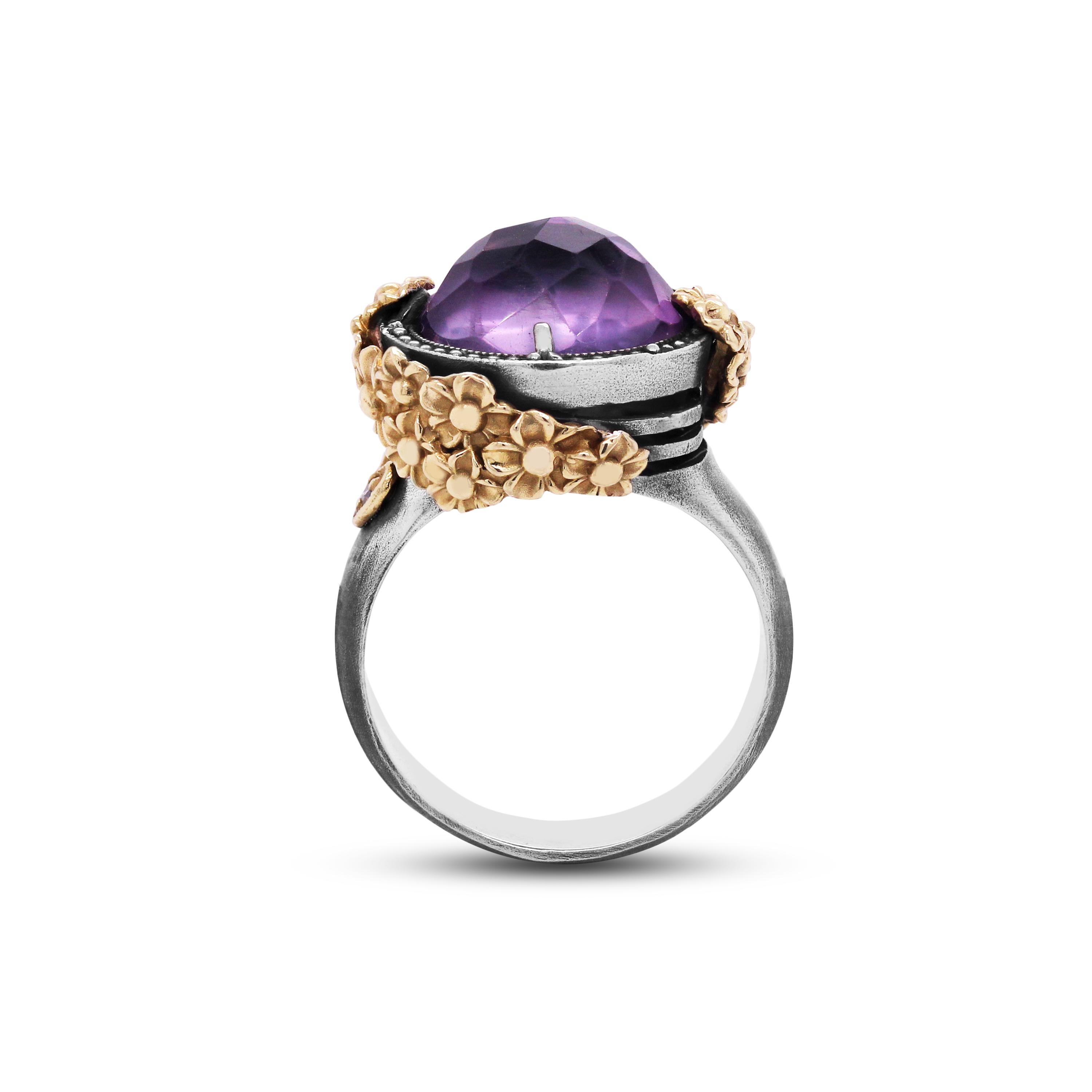 Aged Sterling Silver and 18K Gold Floral Rose Garden Ring with Amethyst center by Stambolian

This fun and incredible ring by Stambolian features a unique twisted rose covering the entire ring

Special cut Amethyst center, apprx. 10 carat

0.65 inch