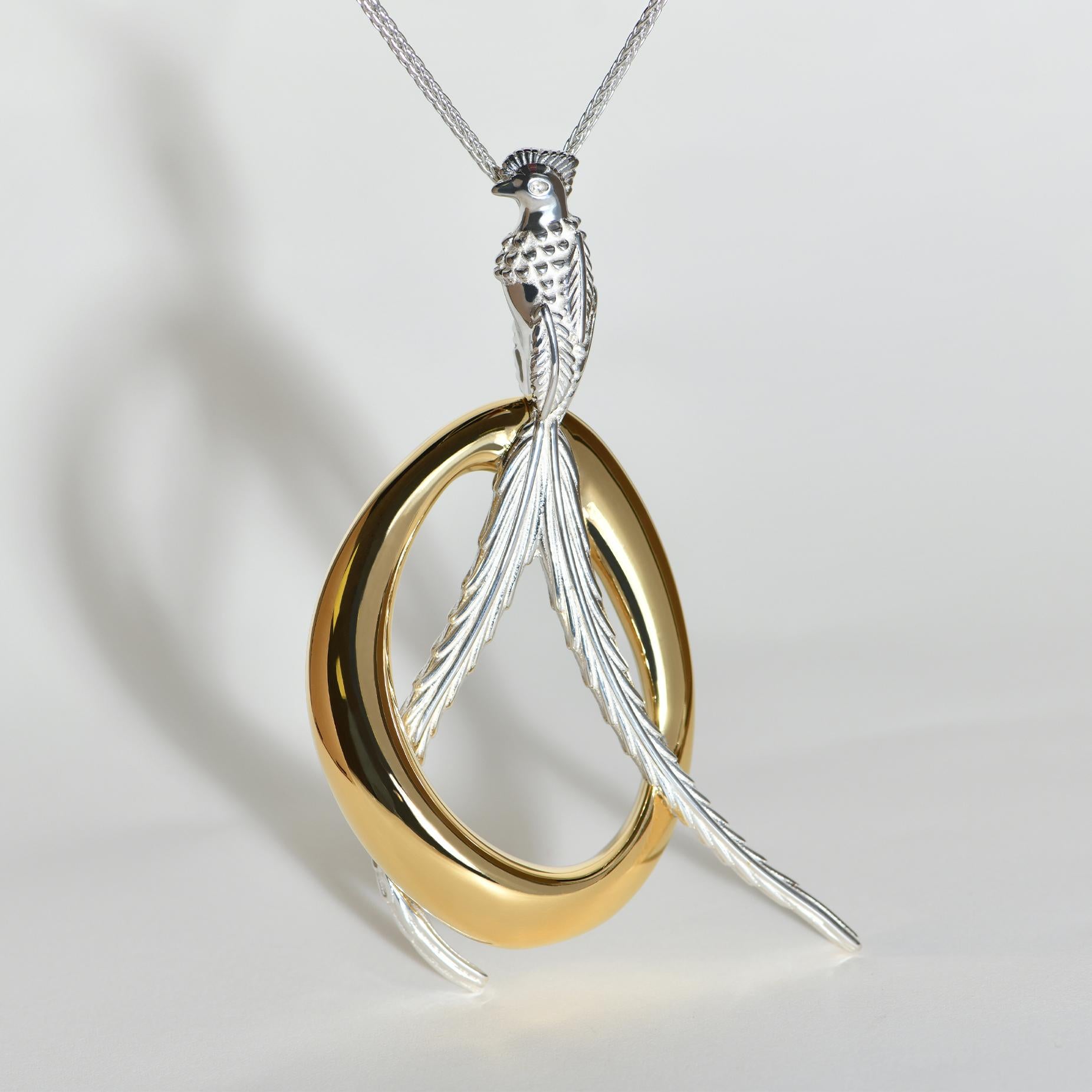 Contemporary Sterling Silver And Gold Vermeil Quetzal Pendant For Sale