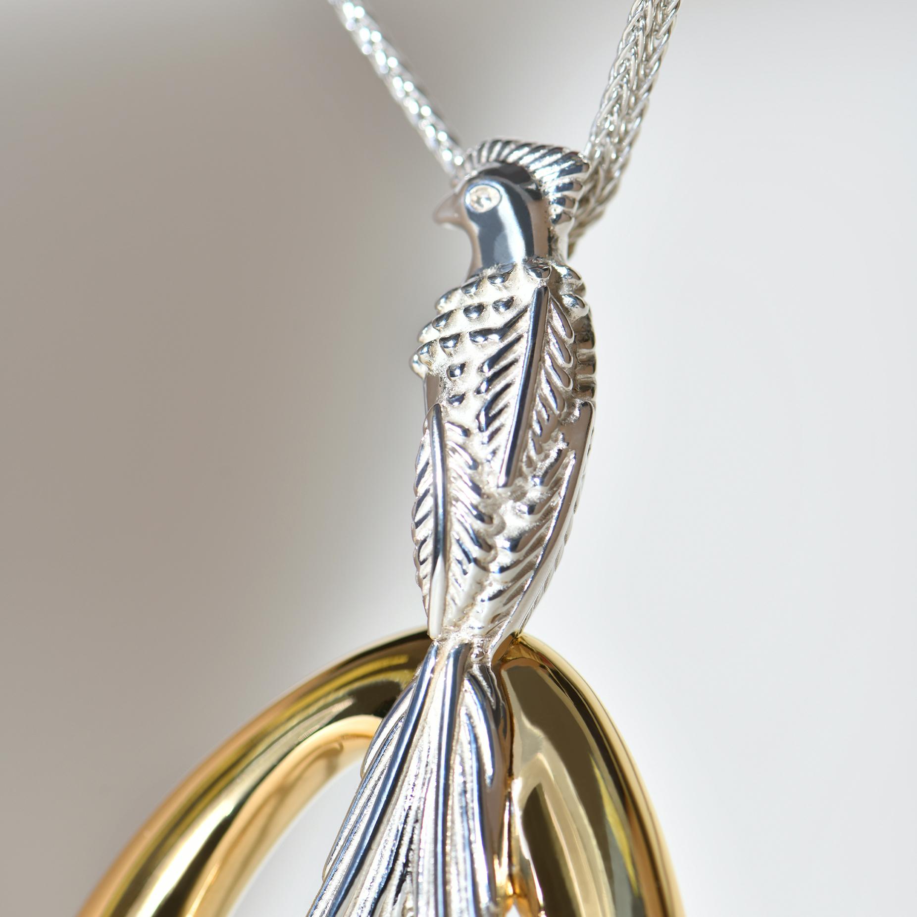 Sterling Silver And Gold Vermeil Quetzal Pendant In New Condition For Sale In Mexico City, MX