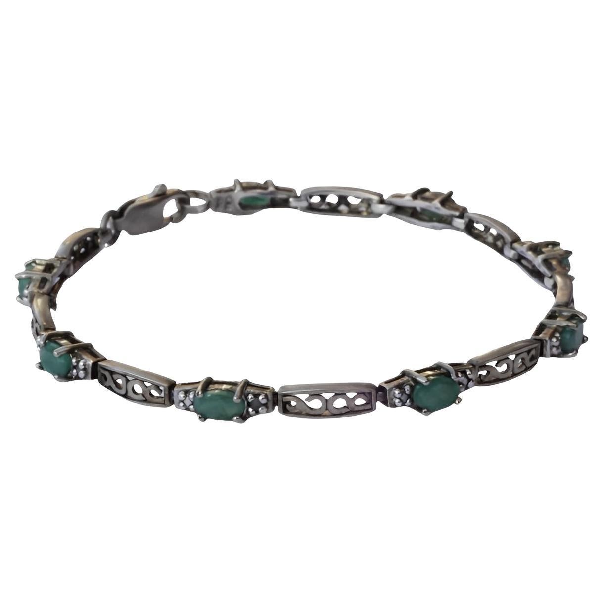 Sterling Silver and Gold Wash Emerald Bracelet with Ornate Links For Sale