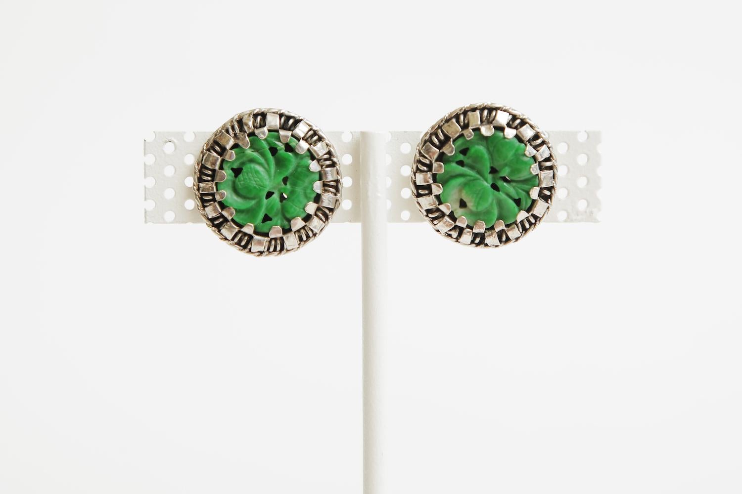 Modern Sterling Silver and Green Jade Pierced Button Earrings For Sale