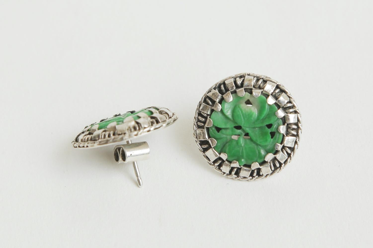Antique Cushion Cut Sterling Silver and Green Jade Pierced Button Earrings For Sale