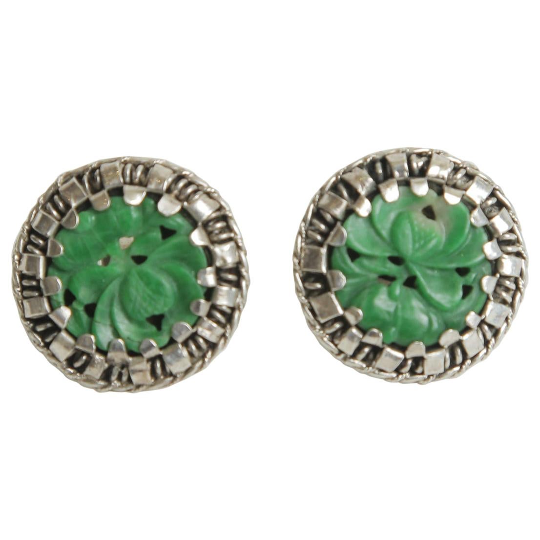 Sterling Silver and Green Jade Pierced Button Earrings For Sale