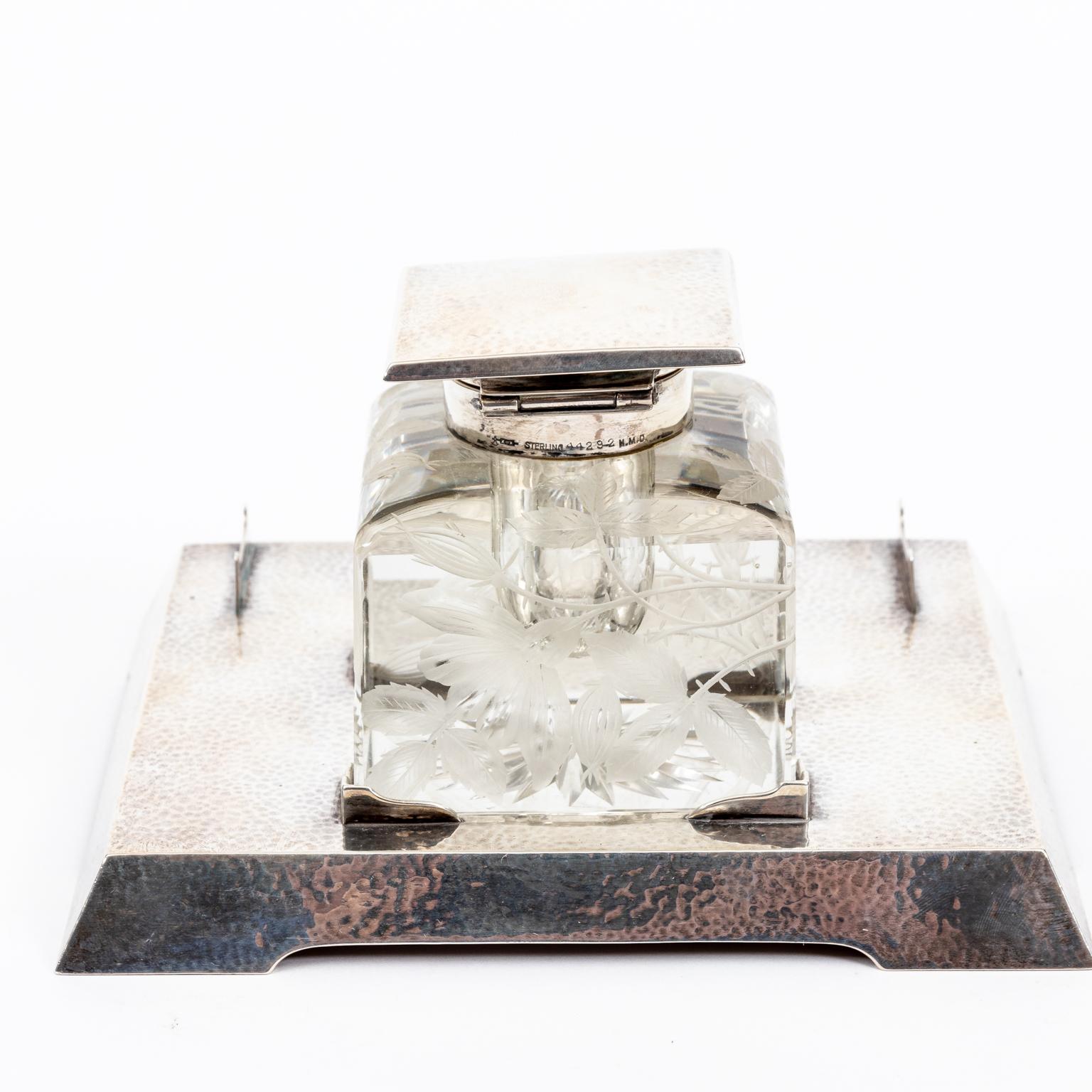 Art Nouveau Sterling Silver and Intaglio Crystal Inkwell For Sale