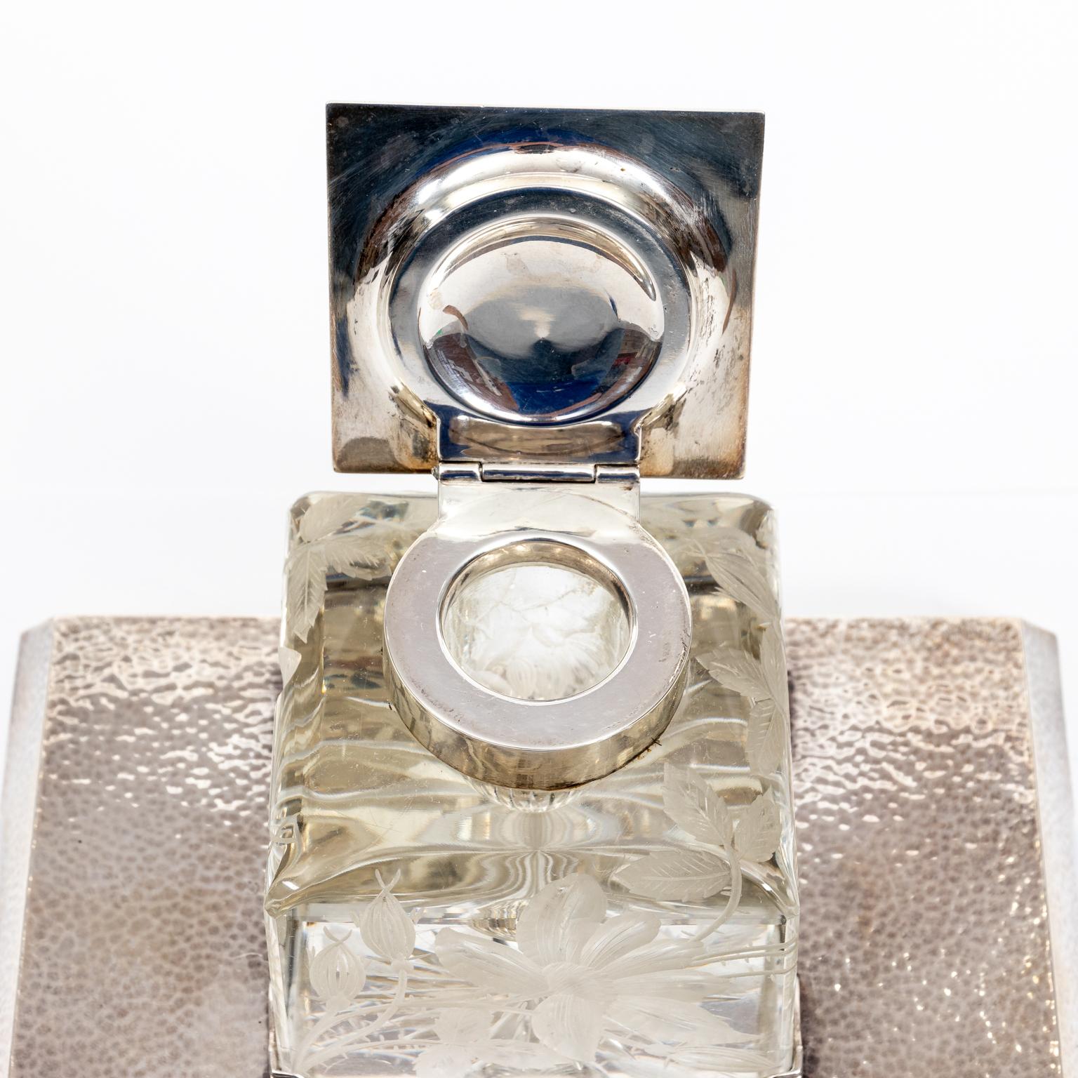 Sterling Silver and Intaglio Crystal Inkwell For Sale 3