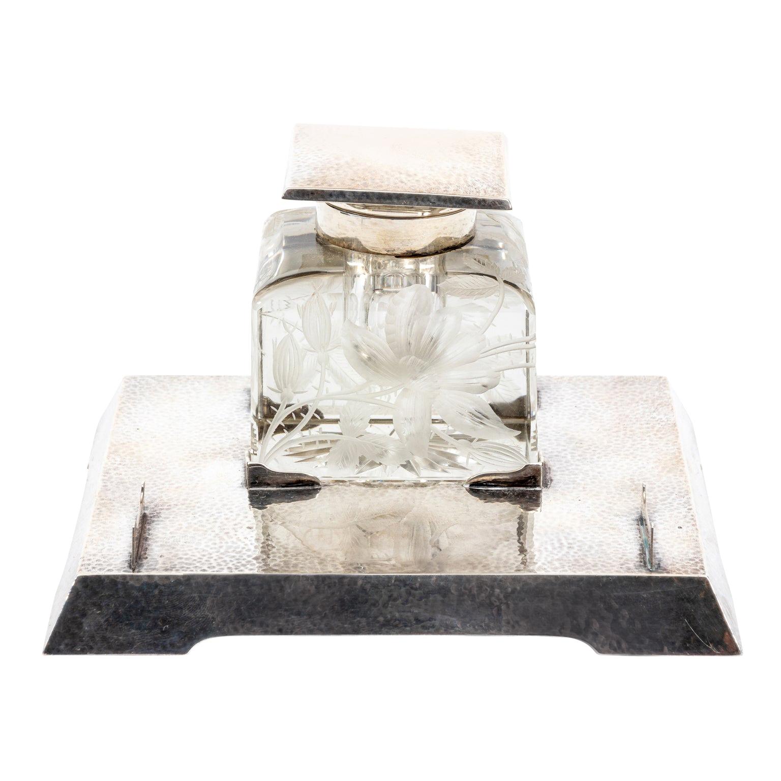 Sterling Silver and Intaglio Crystal Inkwell For Sale