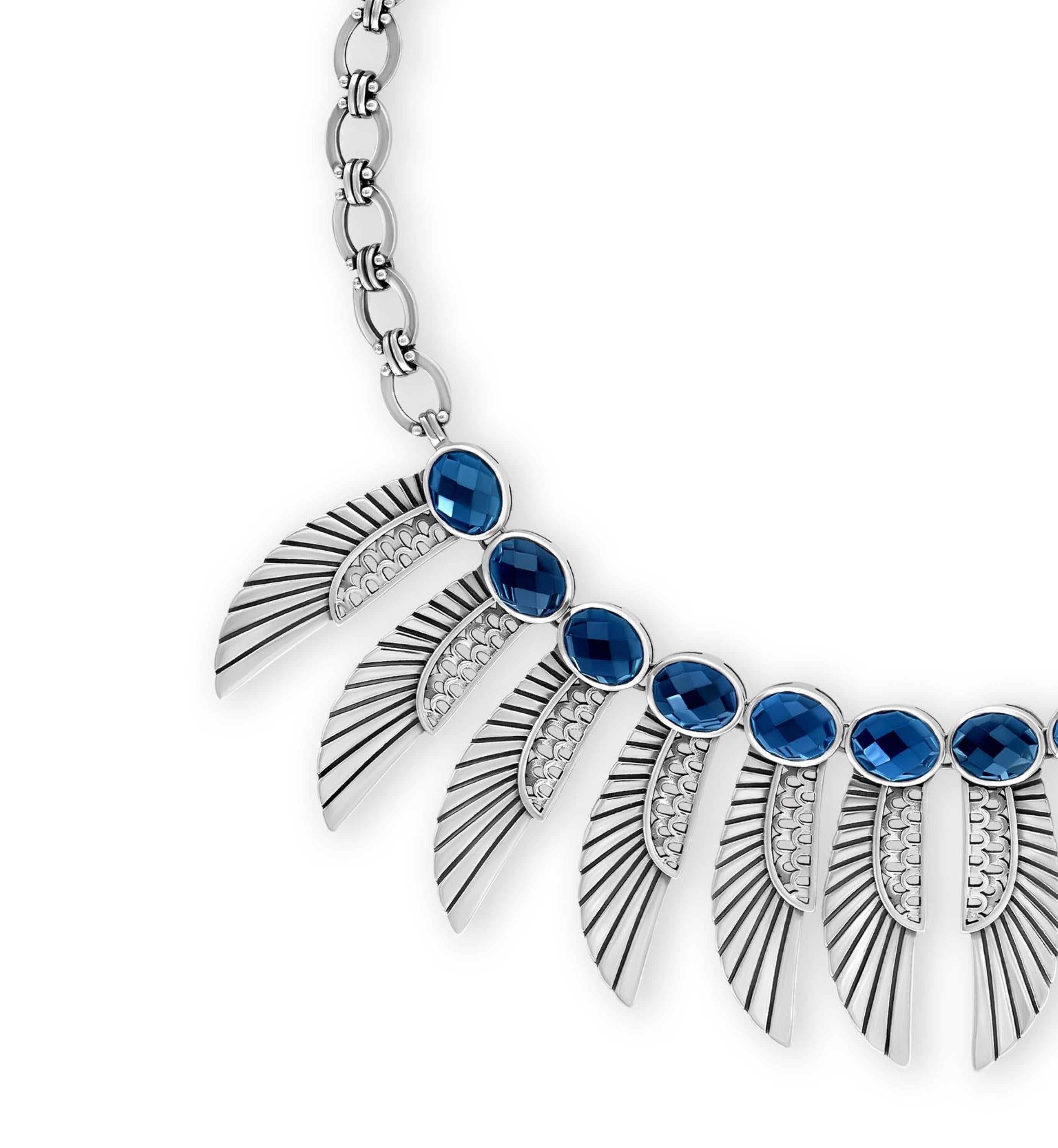 Oval Cut Sterling Silver and London Blue Topaz Egyptomania Winged Goddess Necklace For Sale
