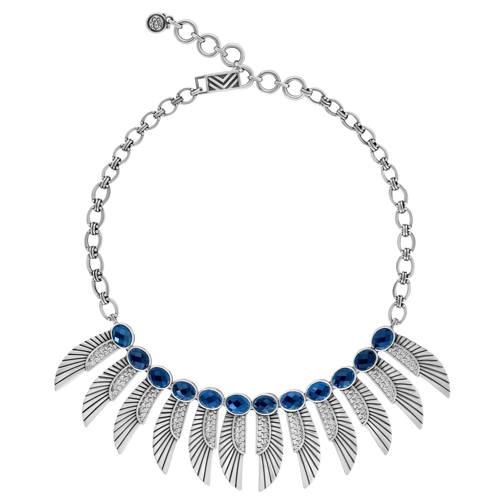 Sterling Silver and London Blue Topaz Egyptomania Winged Goddess Necklace For Sale