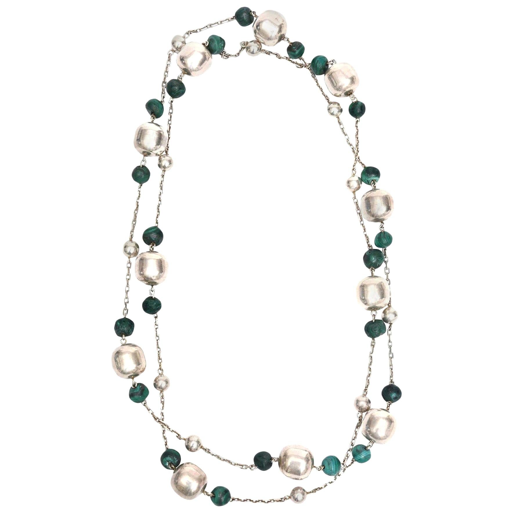 Sterling Silver and Malachite Ball Chain Wrap Necklace  