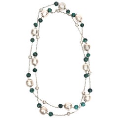 Vintage Sterling Silver and Malachite Ball Chain Wrap Necklace  