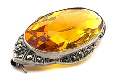 Sterling Silver and Marcasite Art Deco Pin with Amber Colored Glass
