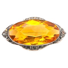 Antique Sterling Silver and Marcasite Art Deco Pin with Amber Colored Glass