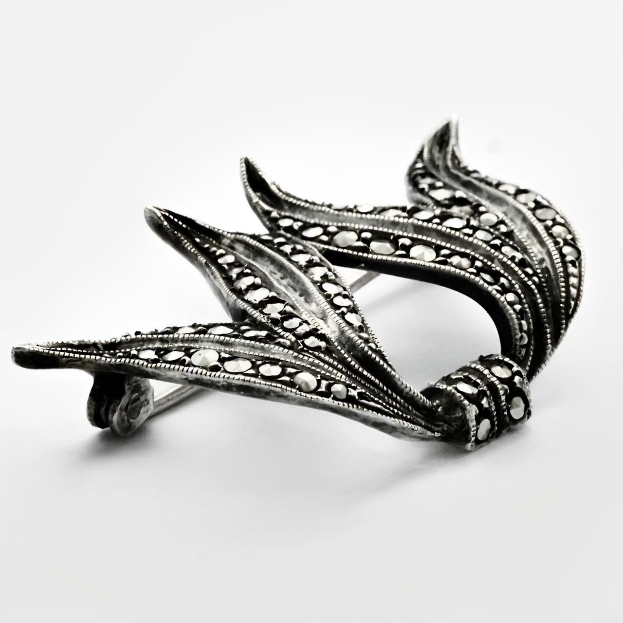 Round Cut Silver and Marcasite Double Leaf Brooch circa 1930s For Sale