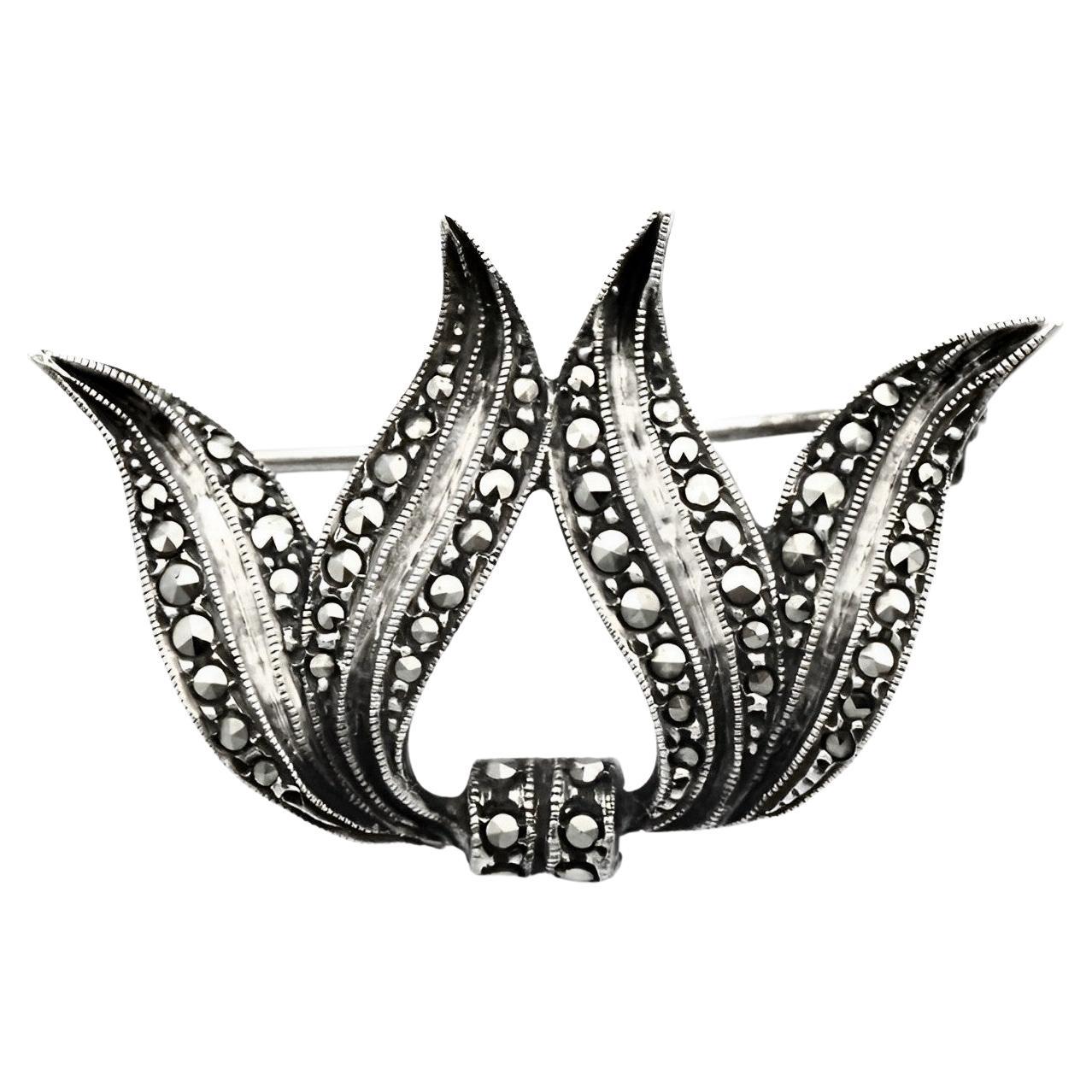 Silver and Marcasite Double Leaf Brooch circa 1930s For Sale