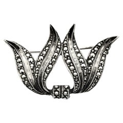 Sterling Silver and Marcasite Double Leaf Brooch circa 1930s