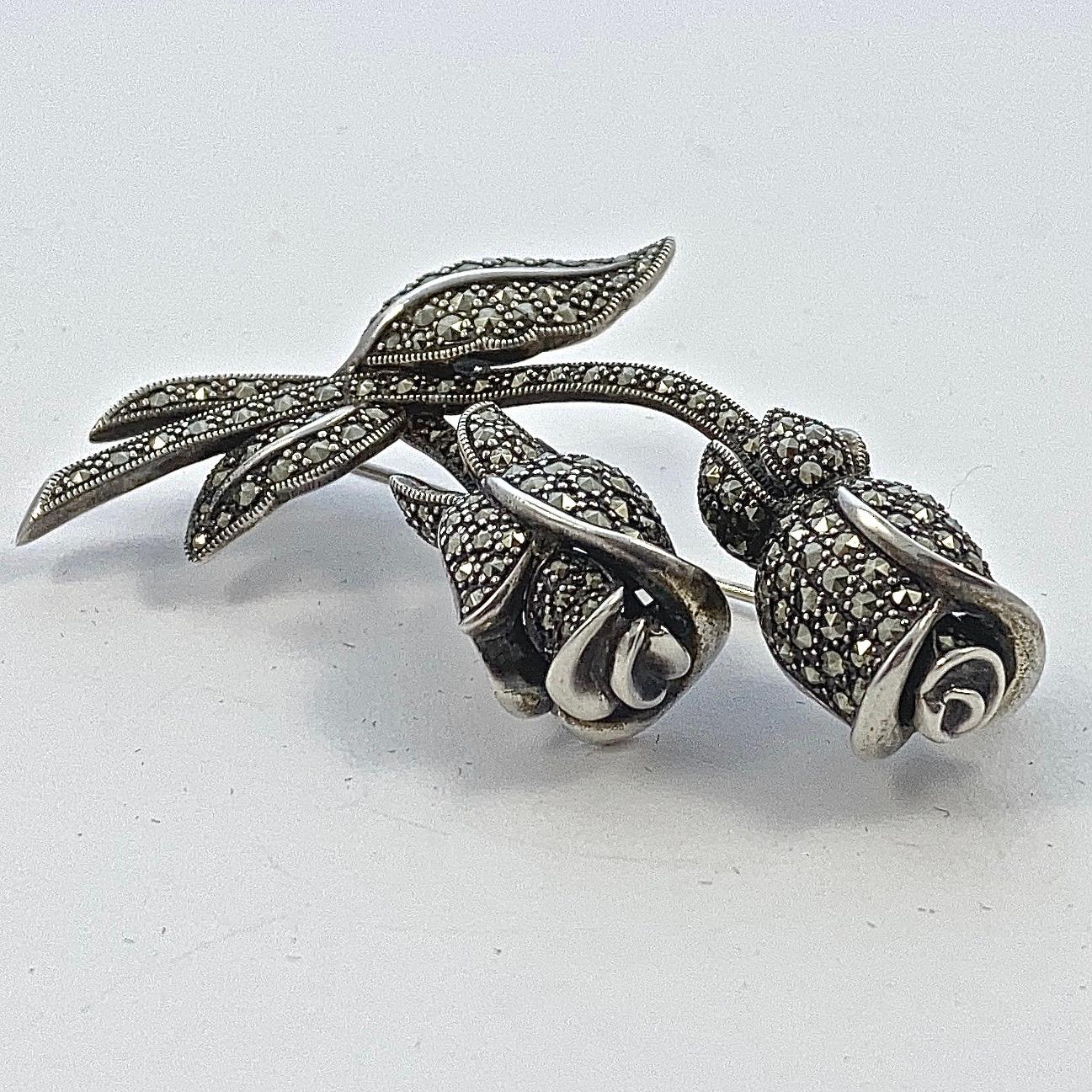 Women's or Men's Sterling Silver and Marcasite Double Rosebud Statement Brooch For Sale