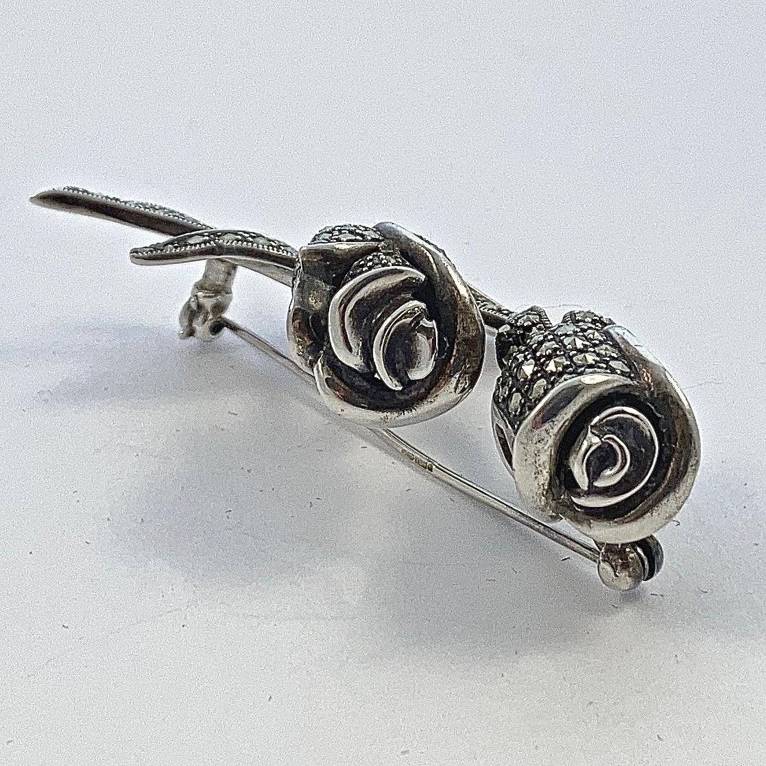 Sterling Silver and Marcasite Double Rosebud Statement Brooch For Sale 1