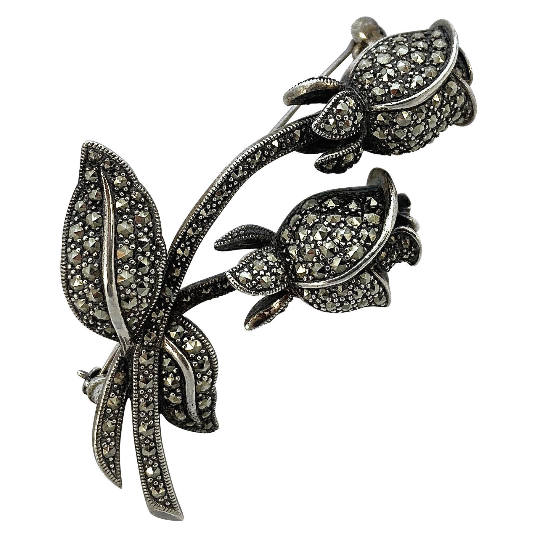 Sterling Silver and Marcasite Double Rosebud Statement Brooch For Sale
