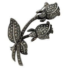 Retro Sterling Silver and Marcasite Double Rosebud Statement Brooch