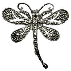 Vintage Sterling Silver and Marcasite Dragonfly Brooch circa 1930s