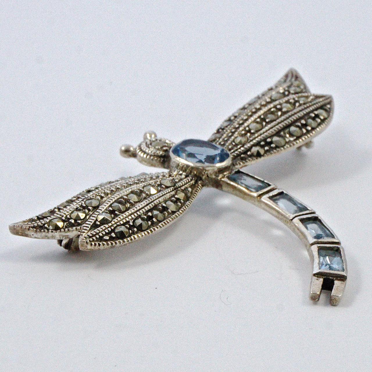 Sterling Silver and Marcasite Dragonfly Brooch with Blue Glass Stones 5