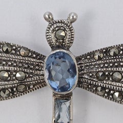 Sterling Silver and Marcasite Dragonfly Brooch with Blue Glass Stones