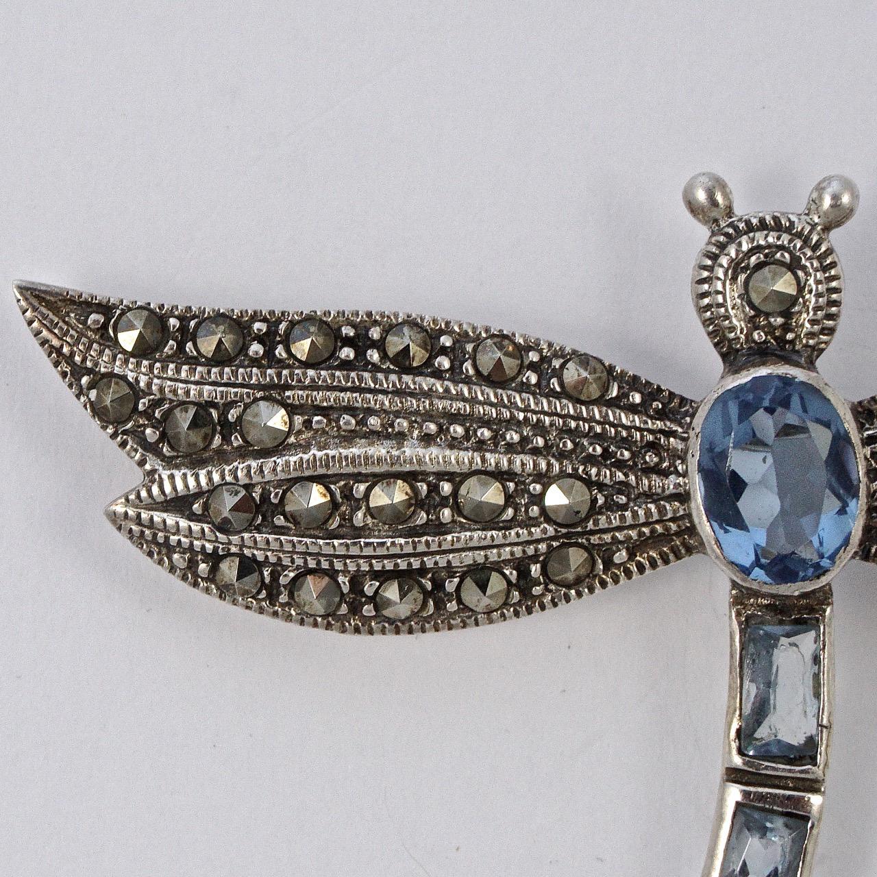Round Cut Sterling Silver and Marcasite Dragonfly Brooch with Blue Glass Stones